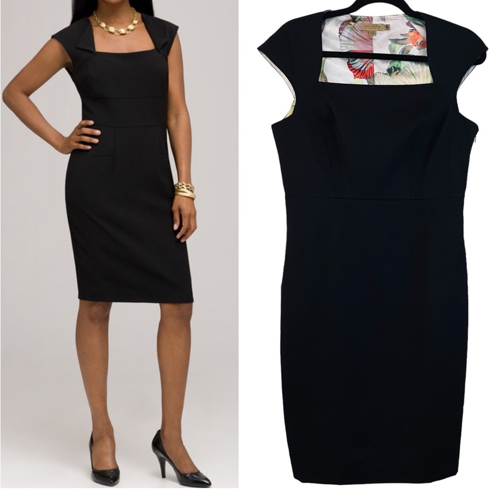 Ted Baker Classic Black Cap Sleeve Square Neck Lined Wool Blend Dress Size Small